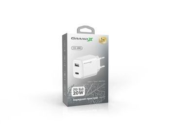 Мережевий зарядний пристрій Grand-X Fast Charge (1xUSB, 1хTypeC, 20W) White (CH-890)
