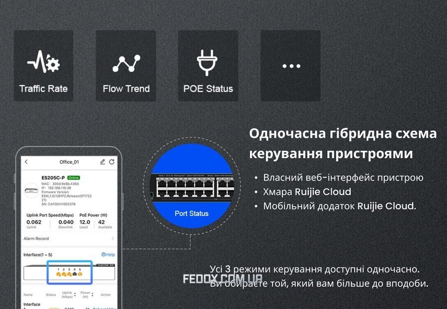 Коммутатор Ruijie Reyee RG-ES205GC (4xGE, 1xGE Uplink, CCTV, Cloud Managed, L2, настольный, бесшумный, металл)