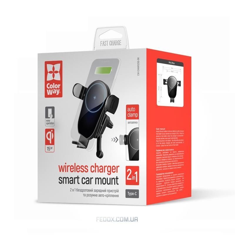 Держатель автомобильный+беспроводное ЗУ ColorWay AutoSense Car Wireless Charger 15W Black (CW-CHAW025Q-BK)