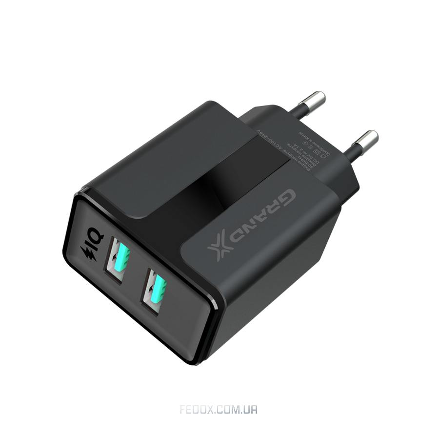 Мережевий зарядний пристрій Grand-X CH-15B (2xUSB 2.1A) Black