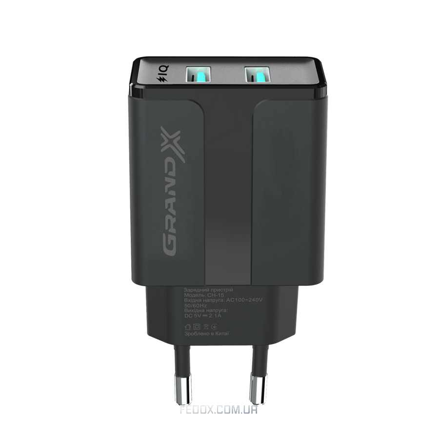 Мережевий зарядний пристрій Grand-X CH-15B (2xUSB 2.1A) Black