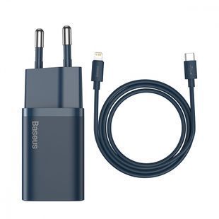 МЗП Baseus Super Silicone Quick Charger 20W (Type-C) + С кабелем Type-C на Lightning синий