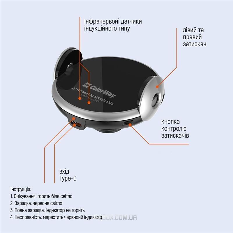 Беспроводное зарядное устройство ColorWay AutoSense Car Wireless Charger 15W Black (CW-CHAW039Q-BK)