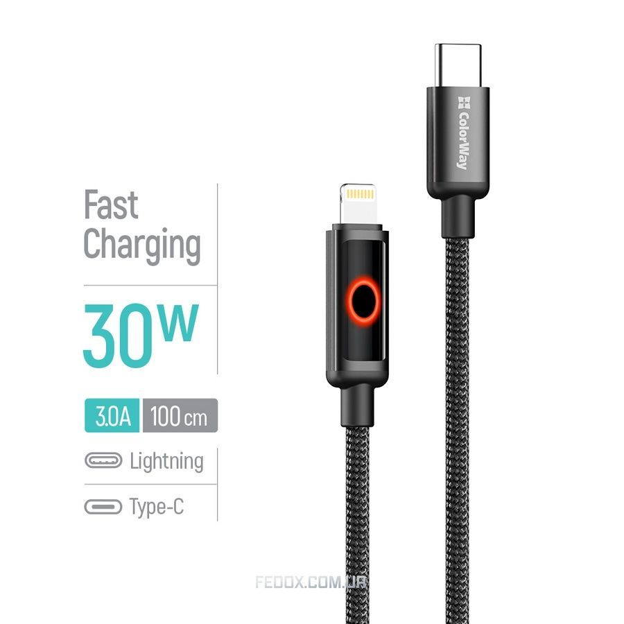Кабель ColorWay USB Type-C - Lightning (M/M), Breathing Light, 3А, 1 м, Black (CW-CBPDCL103-BK)