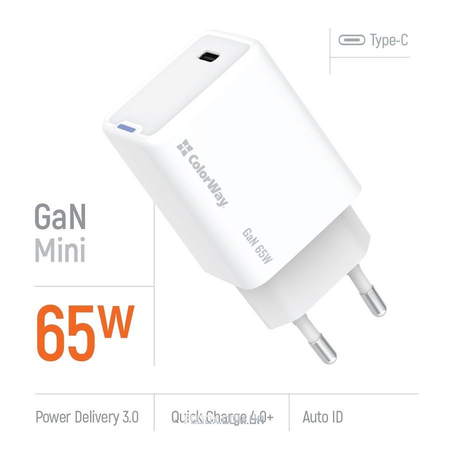 Сетевое зарядное устройство ColorWay GaN Mini 65W PD Port PPS USB-C White (CW-CHS049PD-WT)