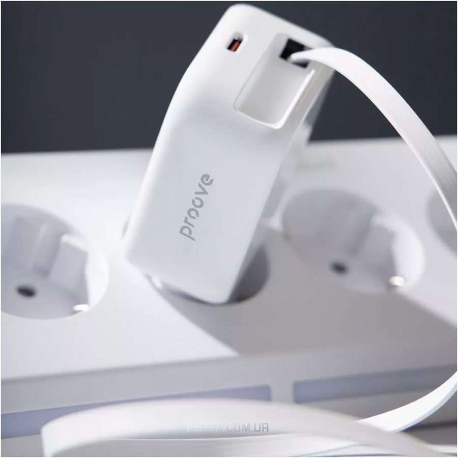 Мережевий зарядний пристрій Proove Fixtape GaN (1USB-C, вбудований кабель USB-C) 65W White (WCFP65010202)