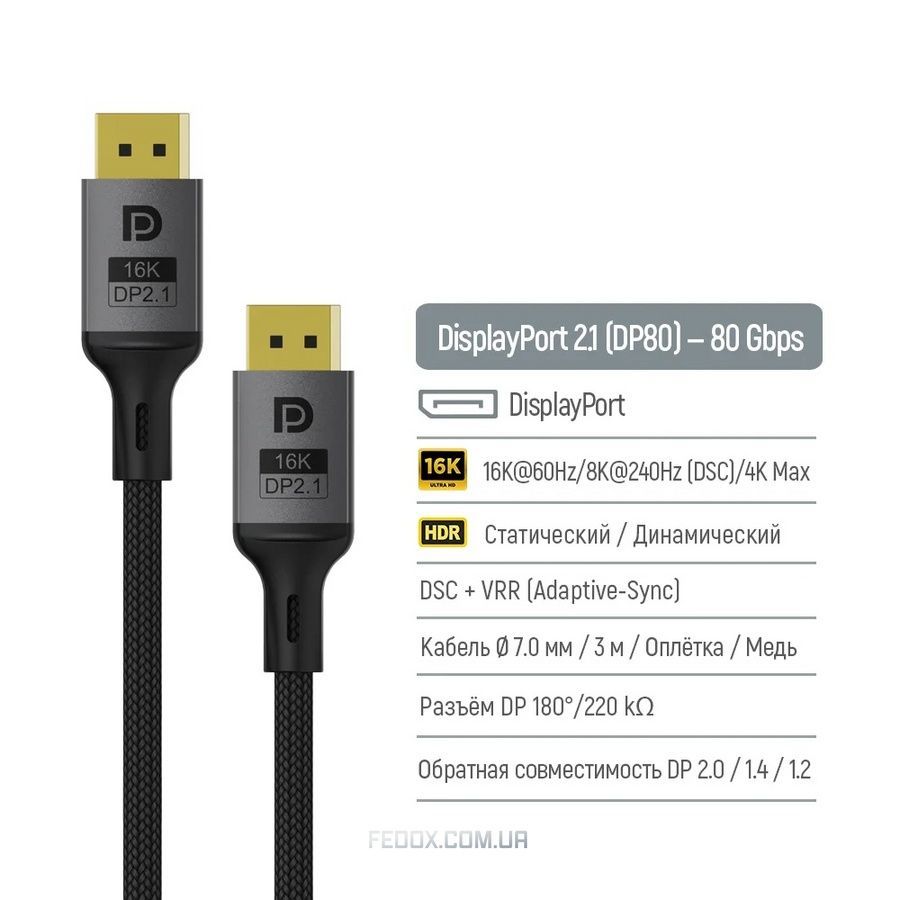 Кабель ColorWay DisplayPort-DisplayPort V2.1 16K 1.5м, Black (CW-CBDP091-BK)