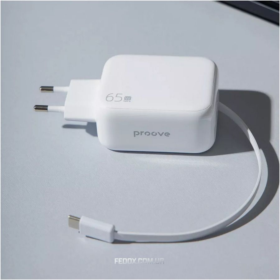 Мережевий зарядний пристрій Proove Fixtape GaN (1USB-C, вбудований кабель USB-C) 65W White (WCFP65010202)