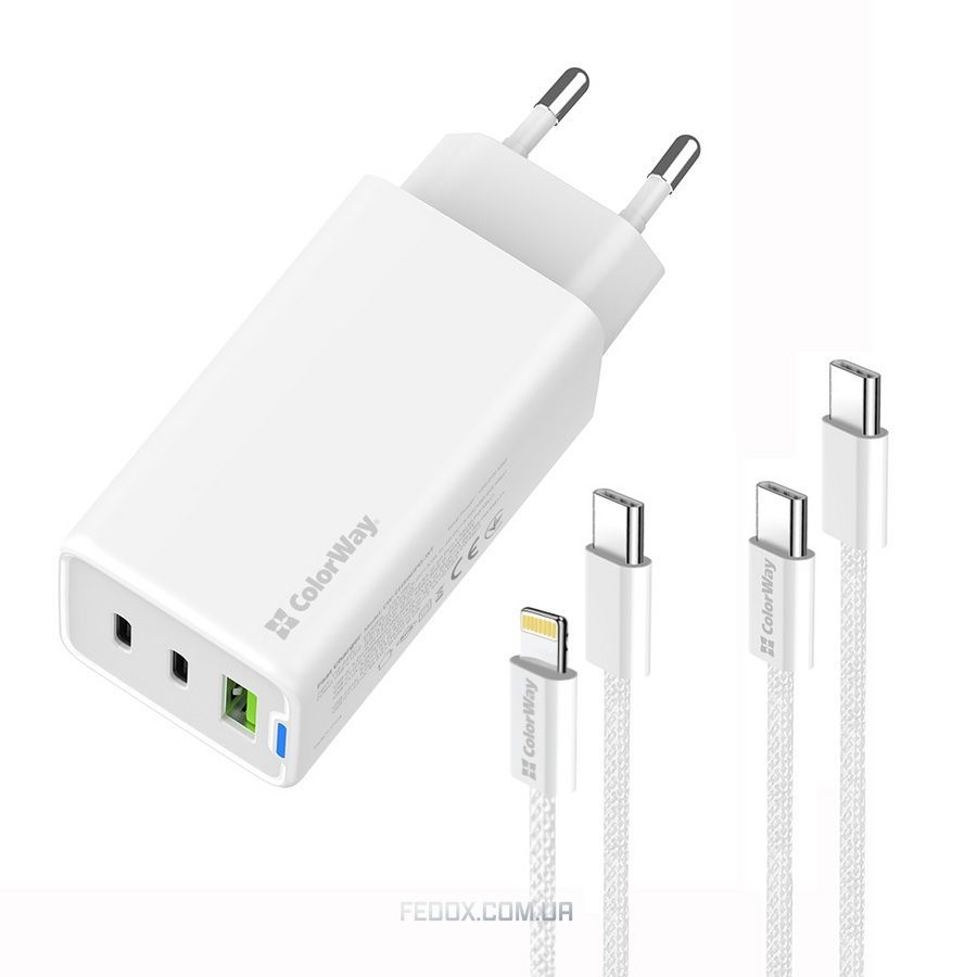 Мережевий зарядний пристрій ColorWay GaN Mini 65W PD Port PPS USB (USB-2C1A) White (CW-CHS058PDCL-WT) + кабель Type-C&Lightning