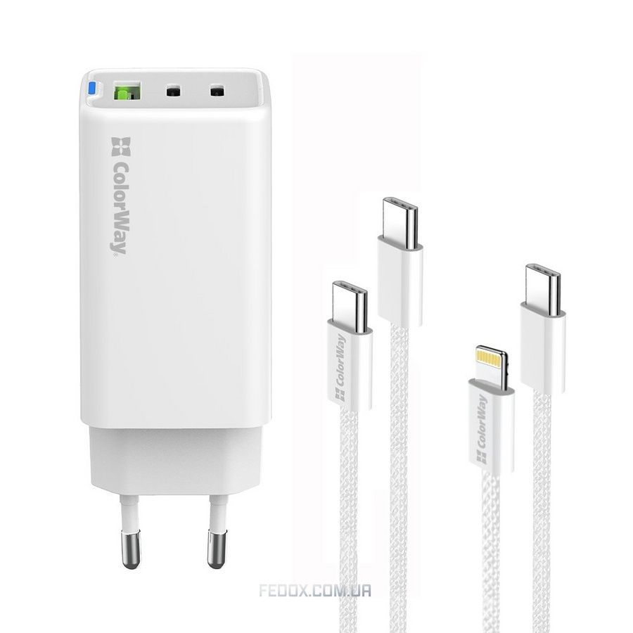 Мережевий зарядний пристрій ColorWay GaN Mini 65W PD Port PPS USB (USB-2C1A) White (CW-CHS058PDCL-WT) + кабель Type-C&Lightning