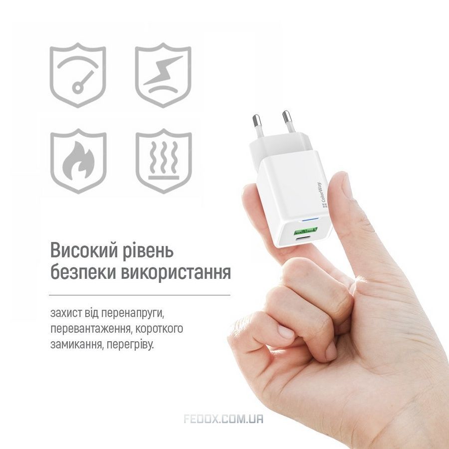 Мережевий зарядний пристрій ColorWay GaN Mini 30W PD Port PPS USB (Type-C PD + USB QC4.0) White (CW-CHS053PD-WT)