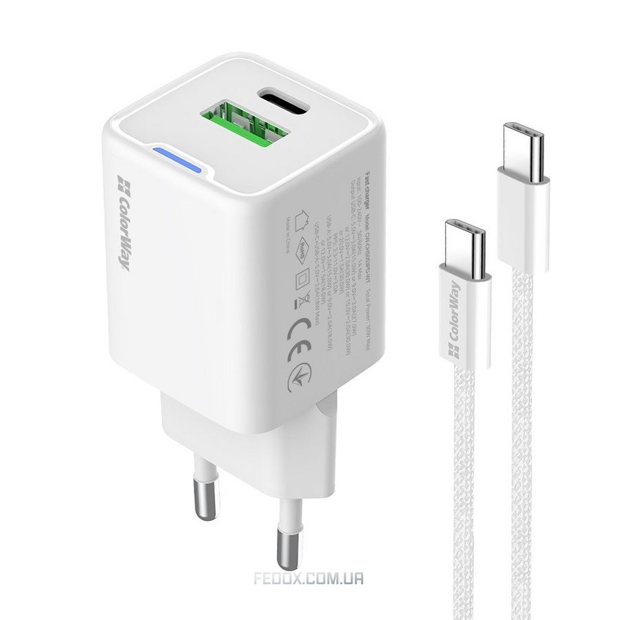 Мережевий зарядний пристрій ColorWay GaN Mini 30W PD Port PPS USB (Type-C PD + USB QC4.0) White (CW-CHS053PDC-WT) + кабель USB Type-C