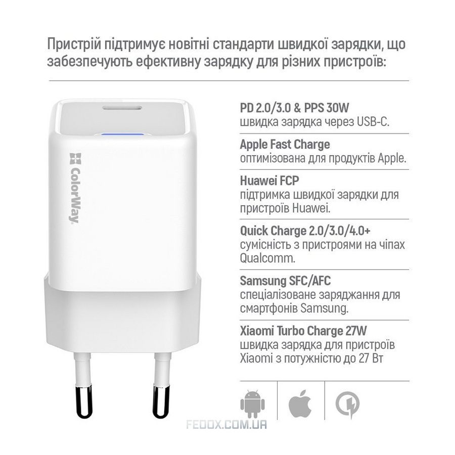 Сетевое зарядное устройство ColorWay GaN Mini 30W PD Port PPS USB-C White (CW-CHS054PDC-WT) + кабель USB Type-C