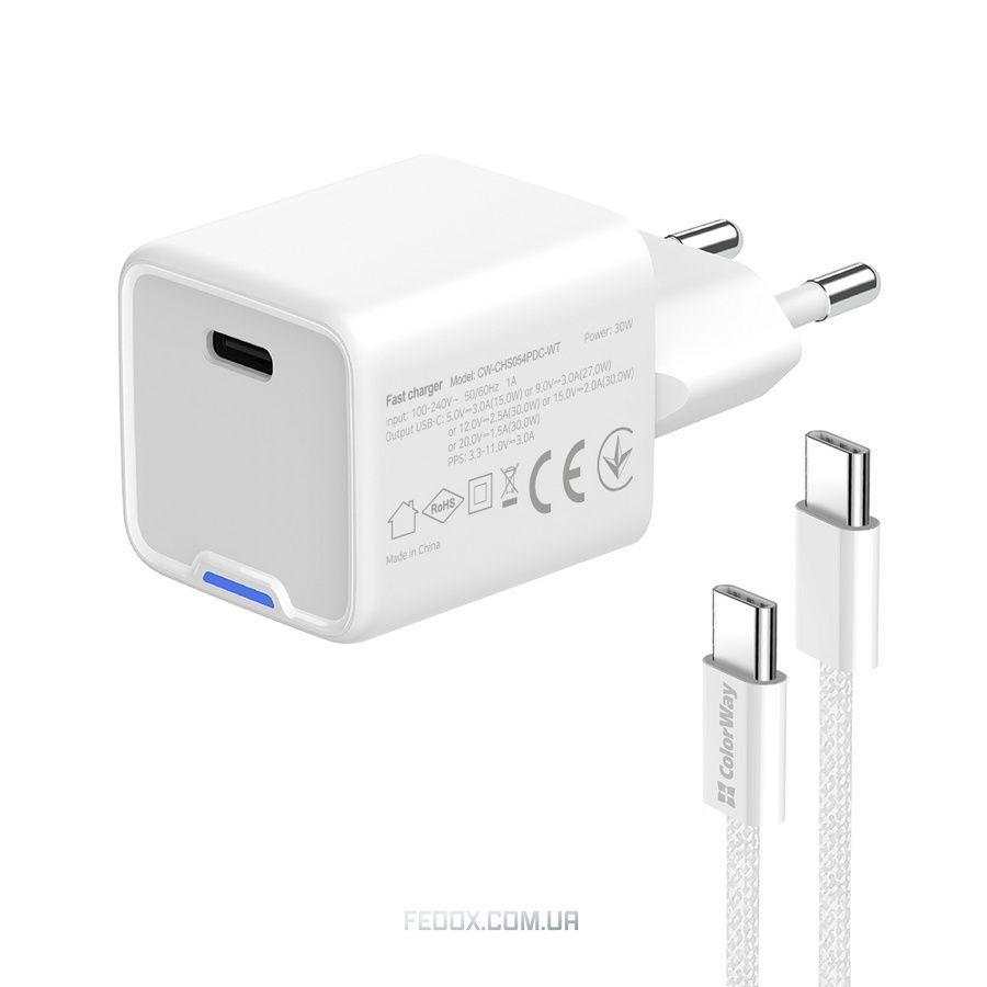 Сетевое зарядное устройство ColorWay GaN Mini 30W PD Port PPS USB-C White (CW-CHS054PDC-WT) + кабель USB Type-C