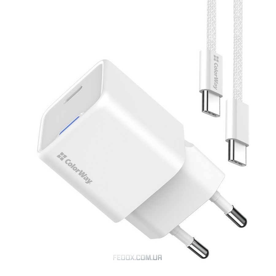 Сетевое зарядное устройство ColorWay GaN Mini 30W PD Port PPS USB-C White (CW-CHS054PDC-WT) + кабель USB Type-C