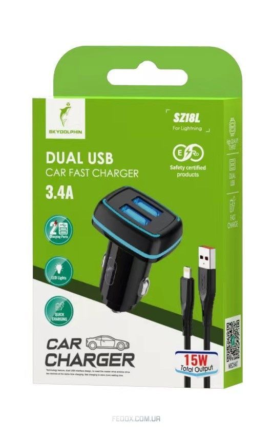 Автомобильное зарядное устройство SkyDolphin SZ18L (2USB, 3.4A) Black (AZP-000099) + кабель Lightning