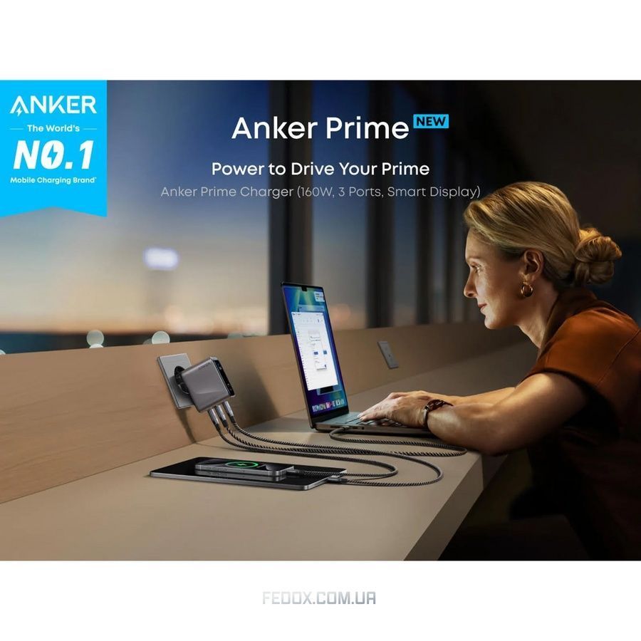 Мережевий зарядний пристрій Anker GaN Prime Charger 160W, 3xUSB-C, Display Silver (A2687341)
