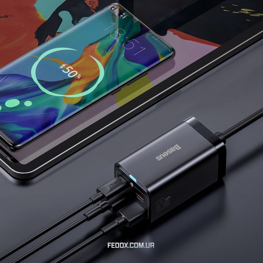 МЗП Baseus GaN3 Pro 65W (2 Type-C + 2 USB) + Кабель Type-C to Type-C 100W (1m) black