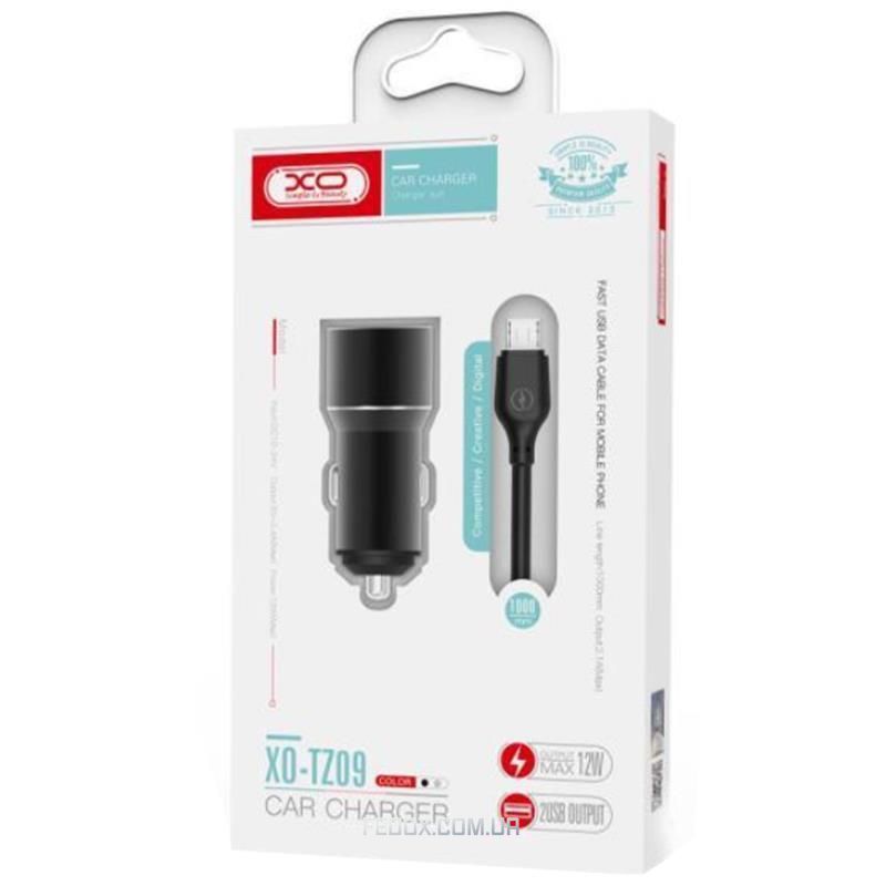 Автомобільний зарядний пристрій XO TZ09 (2USB, 2.4A) Black (6920680873487) + кабель microUSB
