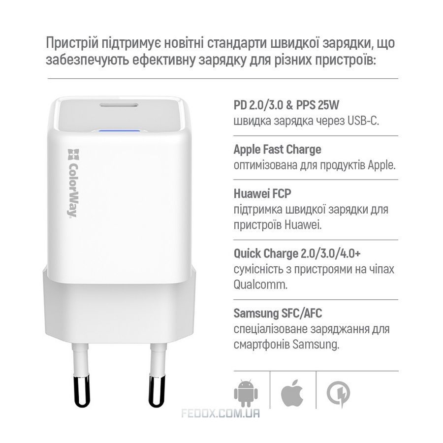 Мережевий зарядний пристрій ColorWay GaN Mini 25W PD Port PPS USB-C White (CW-CHS052PD-WT)