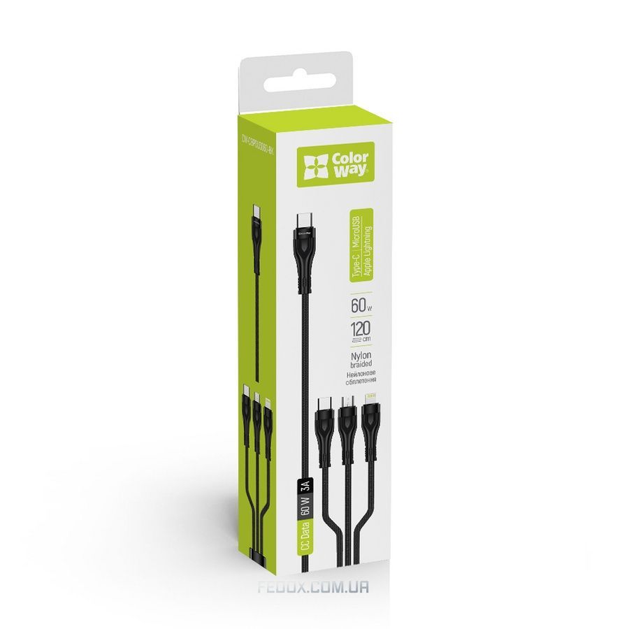 Кабель ColorWay Lightning + micro USB + USB Type-C (M/M), 3.0 А, 1.2 м, Black (CW-CBPDU3060-BK)