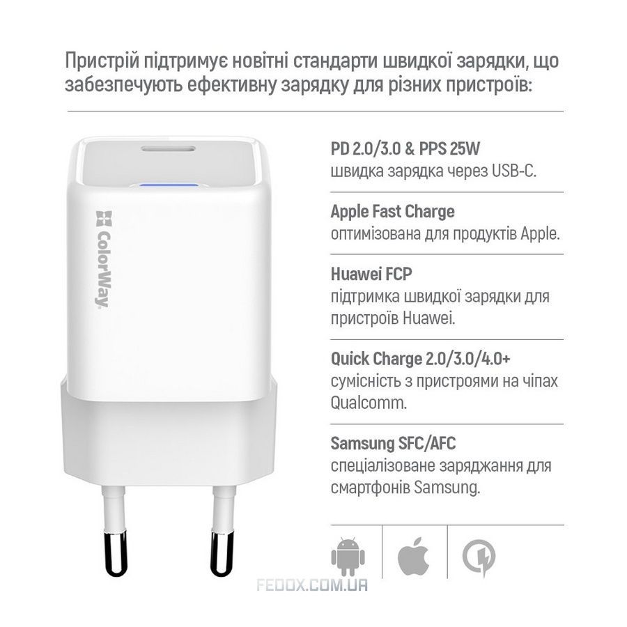 Сетевое зарядное устройство ColorWay GaN Mini 25W PD Port PPS USB-C White (CW-CHS052PDC-WT) + кабель USB Type-C