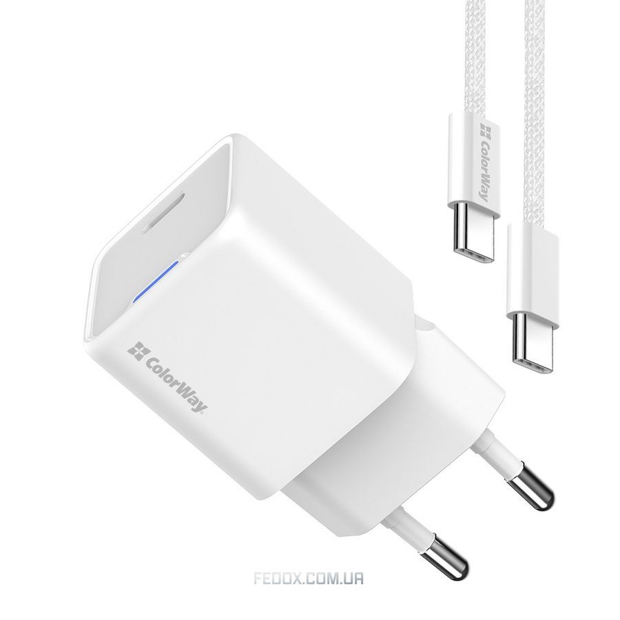 Сетевое зарядное устройство ColorWay GaN Mini 25W PD Port PPS USB-C White (CW-CHS052PDC-WT) + кабель USB Type-C