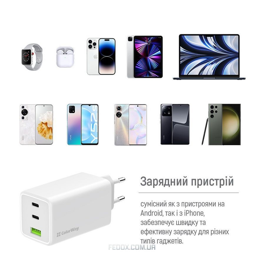 Мережевий зарядний пристрій ColorWay GaN Mini 100W PD Port PPS USB (USB-2C1A) White (CW-CHS061PD-WT)