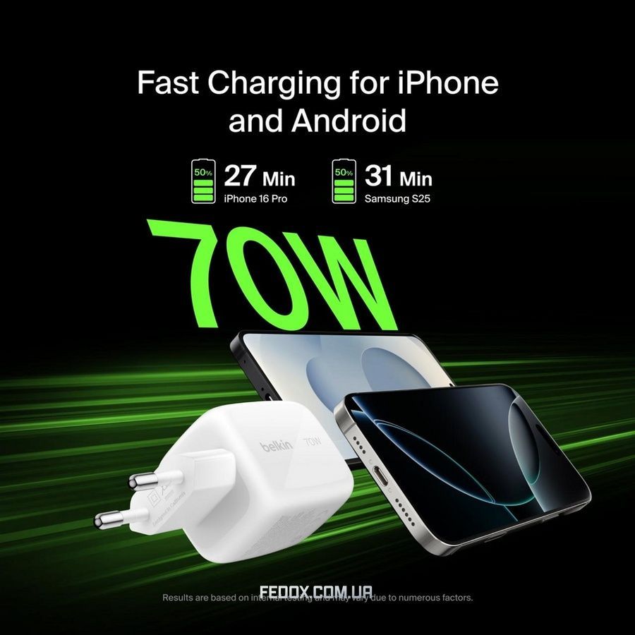 Мережевий зарядний пристрій Belkin BoostCharge Pro 3-Port GaN Wall Charger 70W White (WCH018HQWH)