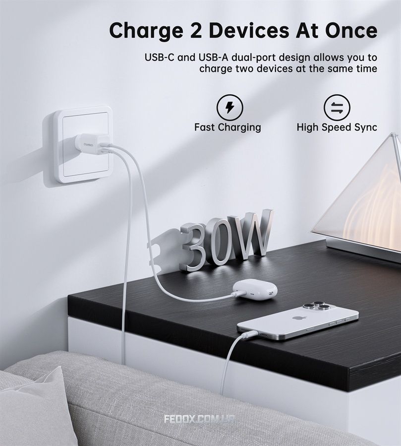 Мережевий зарядний пристрій Choetech (USB-C+USB-A) White (PD5012-EU-WH)