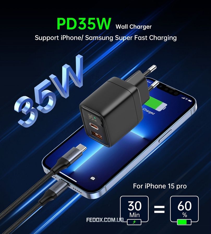 Мережевий зарядний пристрій Choetech (USB-C+USB-A) Black (PD6052-EU-BK)
