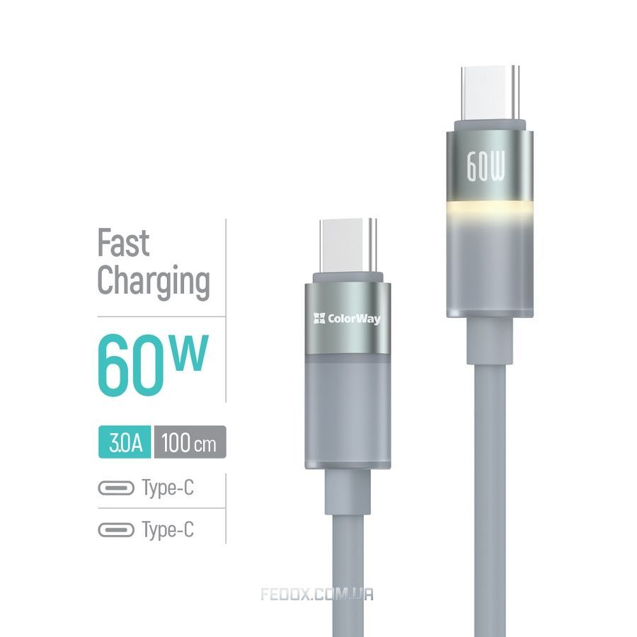 Кабель ColorWay USB Type-C - USB Type-C (M/M), warm light, 3А, 1 м, Grey (CW-CBPDCC092-GR)