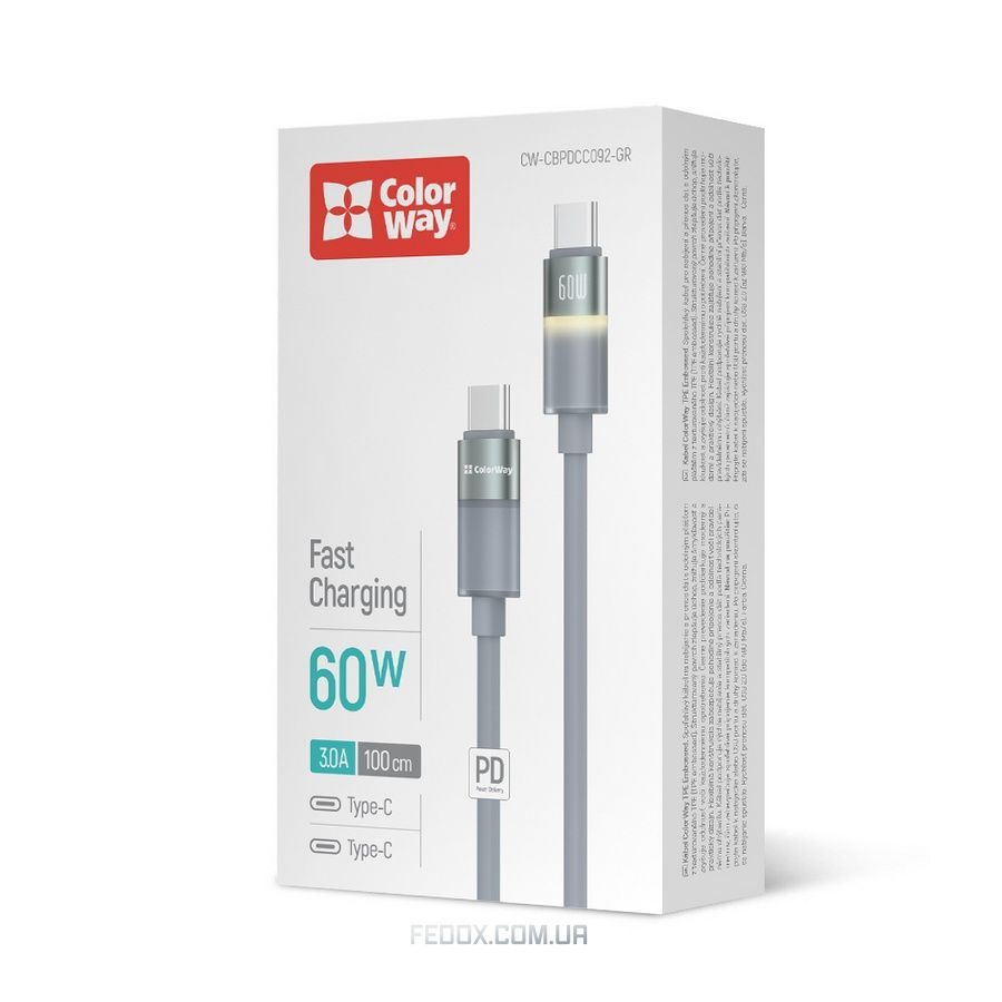 Кабель ColorWay USB Type-C - USB Type-C (M/M), warm light, 3А, 1 м, Grey (CW-CBPDCC092-GR)