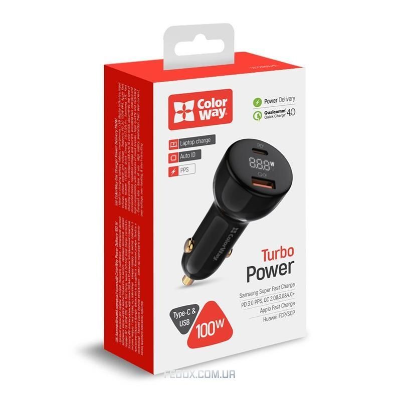 Автомобільний зарядний пристрій ColorWay Power Delivery Port PPS USB (USB-A + USB-C, 100W) PD, QC Black (CW-CHA044PD-BK)